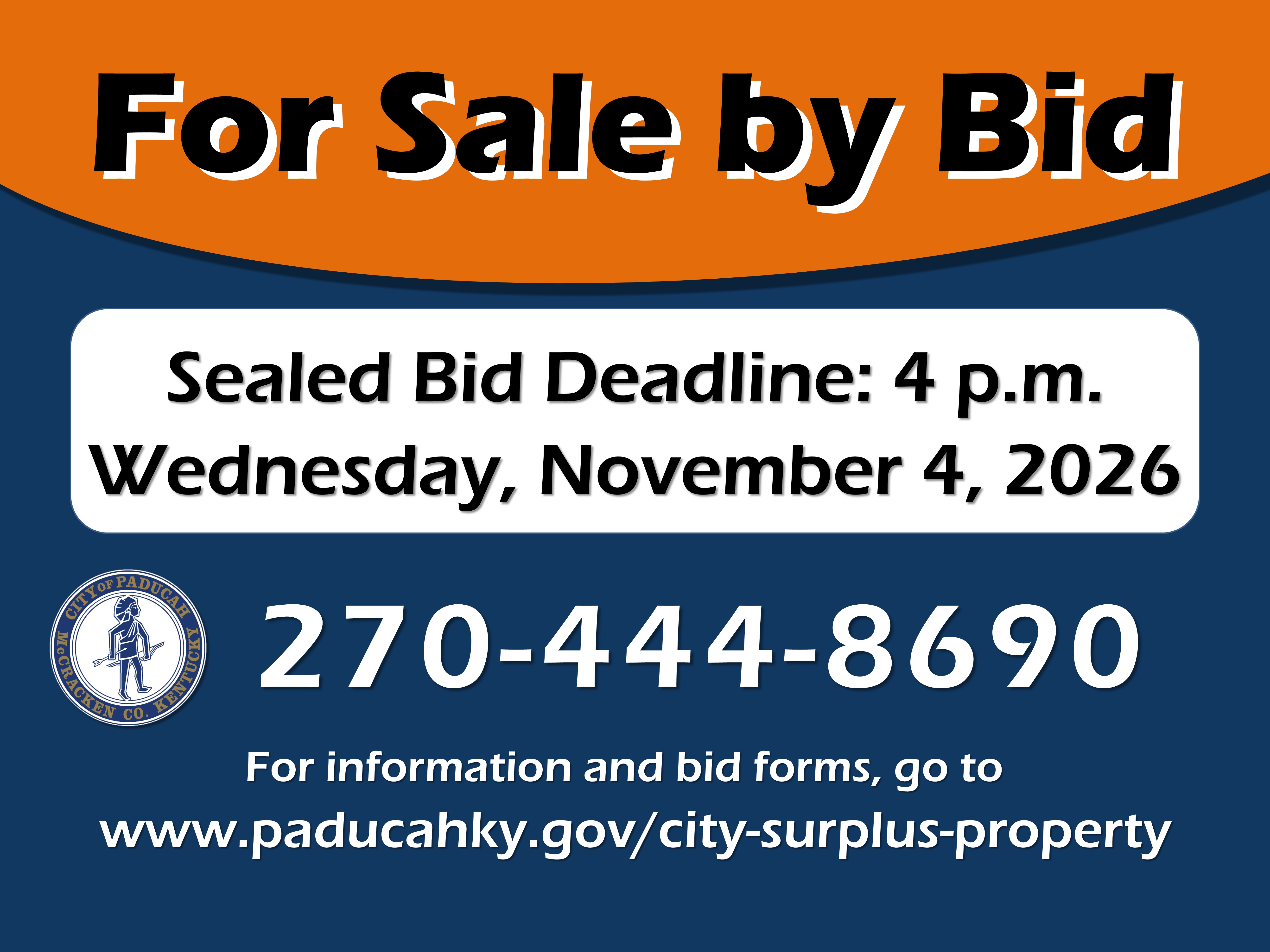 For sale by bid sign for surplus property with November 4, 2026, due date for proposals.